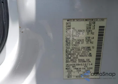 2008 Nissan Armada Le z USA, uszkodzony, nr VIN 5N1AA08C88N628754